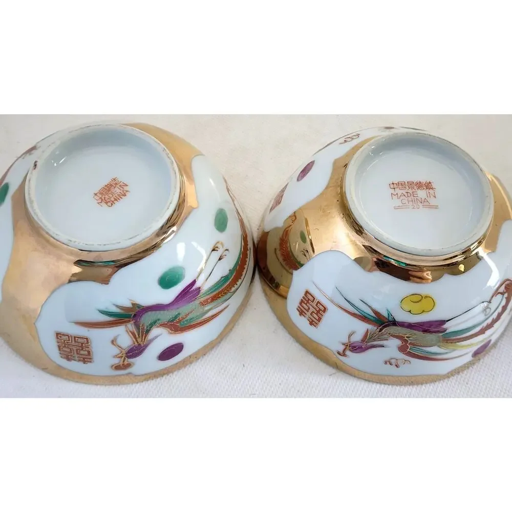 Bowls-Rice/Noodle-Chinese Theme-Spoons-Vintage-Gold Trim-Phoenix & Dragon-Set 2 - Picture 9 of 14